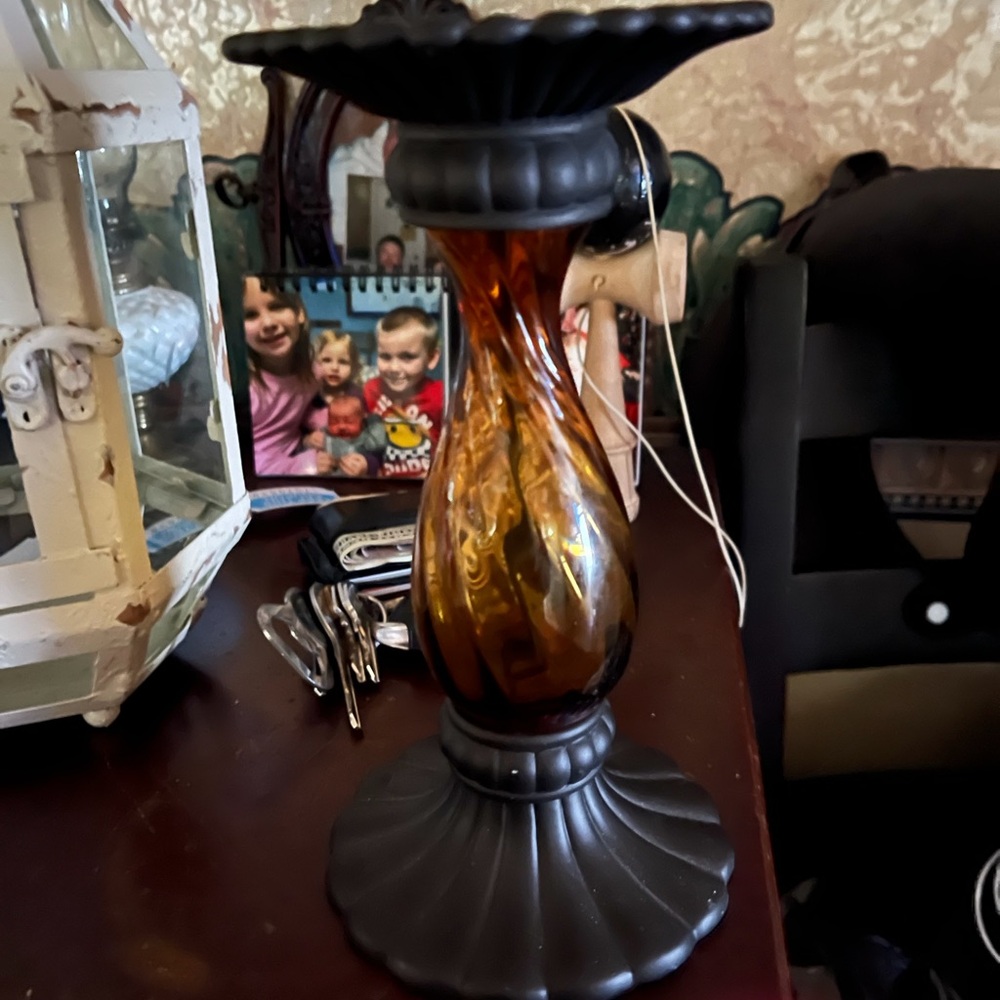Party lite Elegant Amber Glass and Black Metal Candle Holder